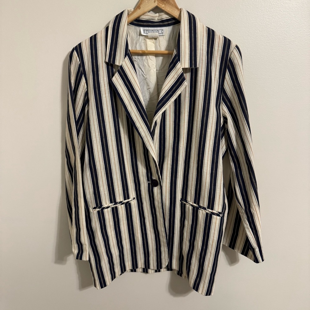 Studio C Oversized Vintage Navy Blue & Cream Striped Women’s Blazer Size 6